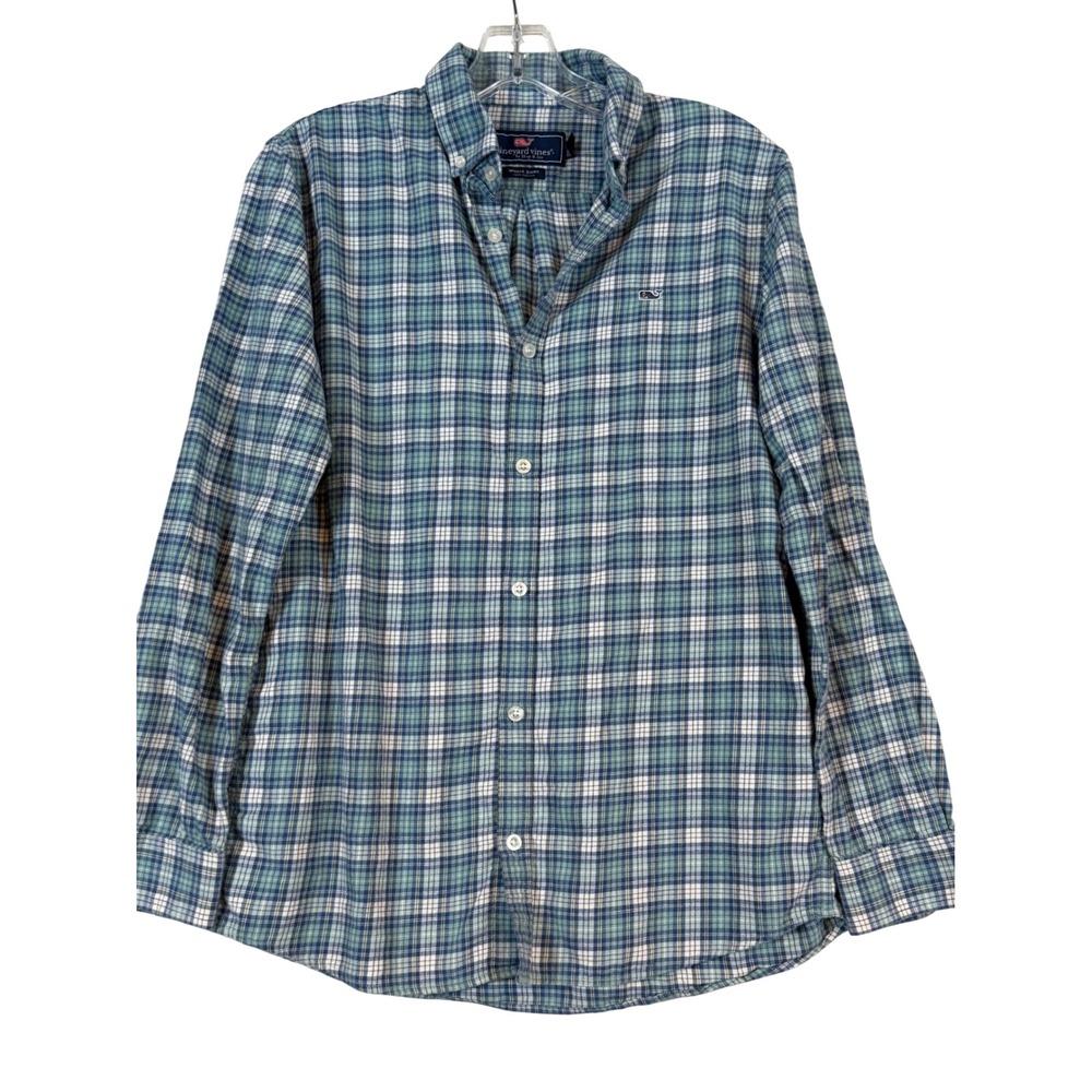 Vineyard Vines Boy XL 18 Blue Green Plaid Long Sleeve Whale Shirt Preppy Coastal